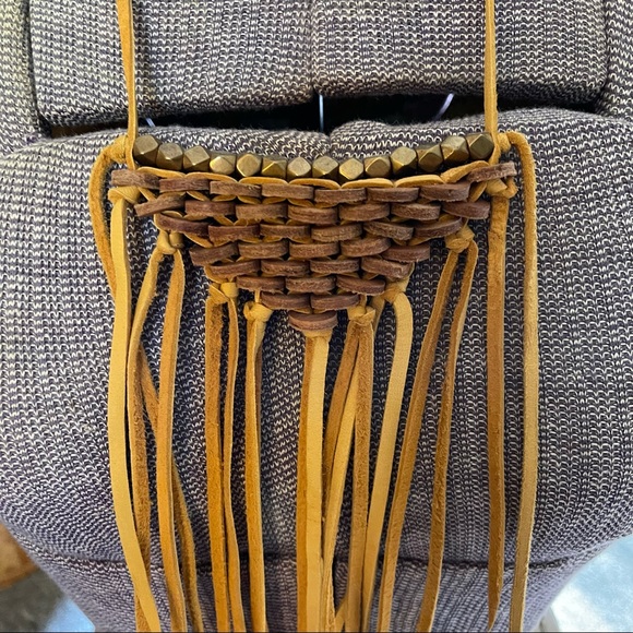 HANDMADE Gold Deerskin Leather Fringe Shield Necklace - Picture 2 of 5